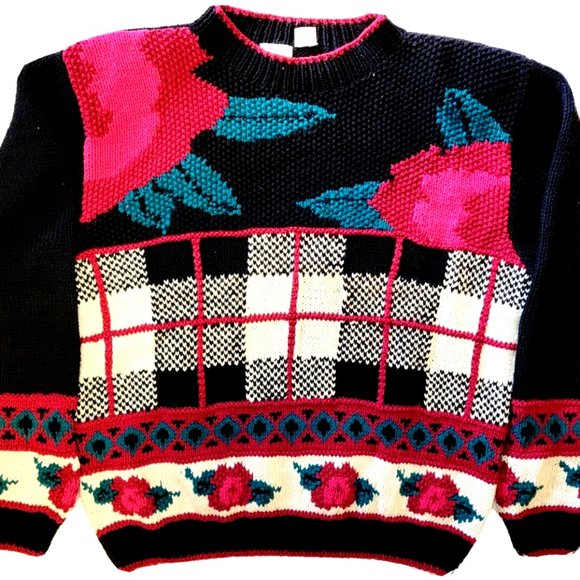 Vintage Black Heirlooms Collectibles Roses Buffalo Plaid Knit Sweater Size Large